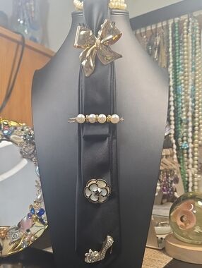 Custom Black Necktie And Faux Pearl Necklace